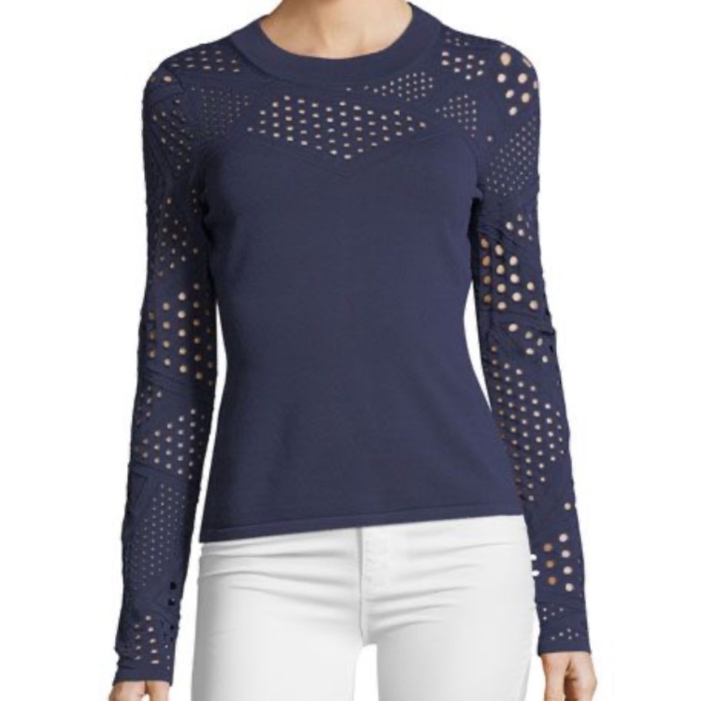 Milly Pointelle-Inset Fracture Top, Navy, Size M